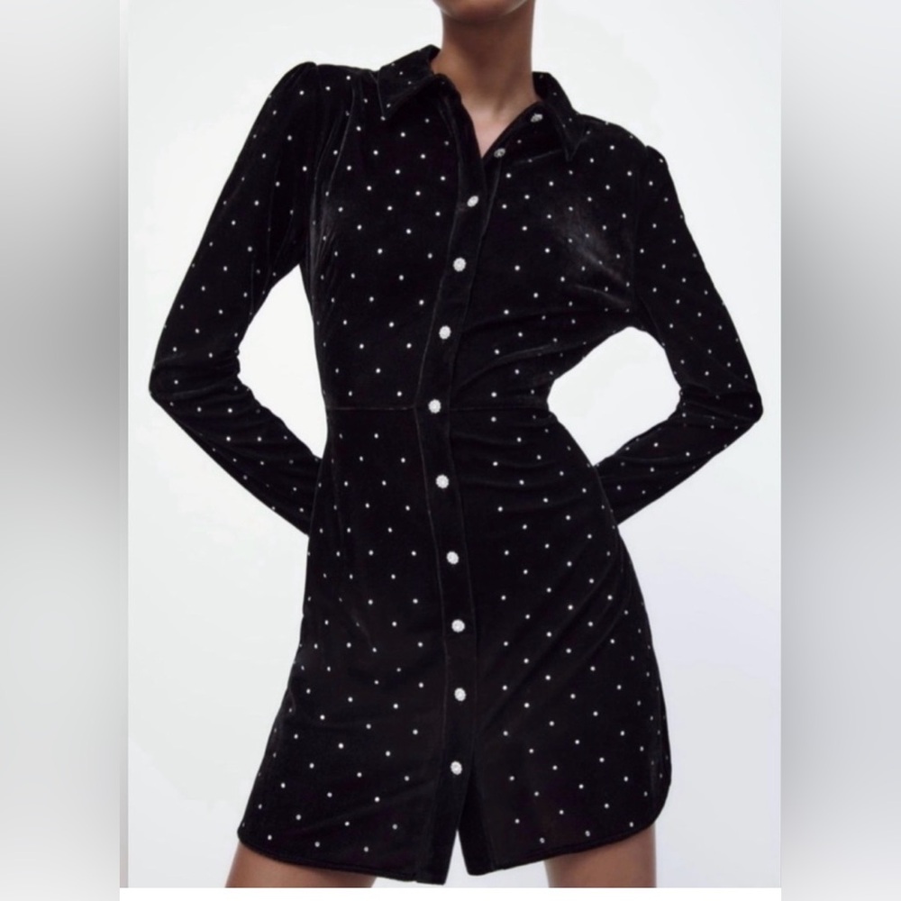 Zara Black Velvet Rhinestone Mini Dress Button Front Long Sleeve Small